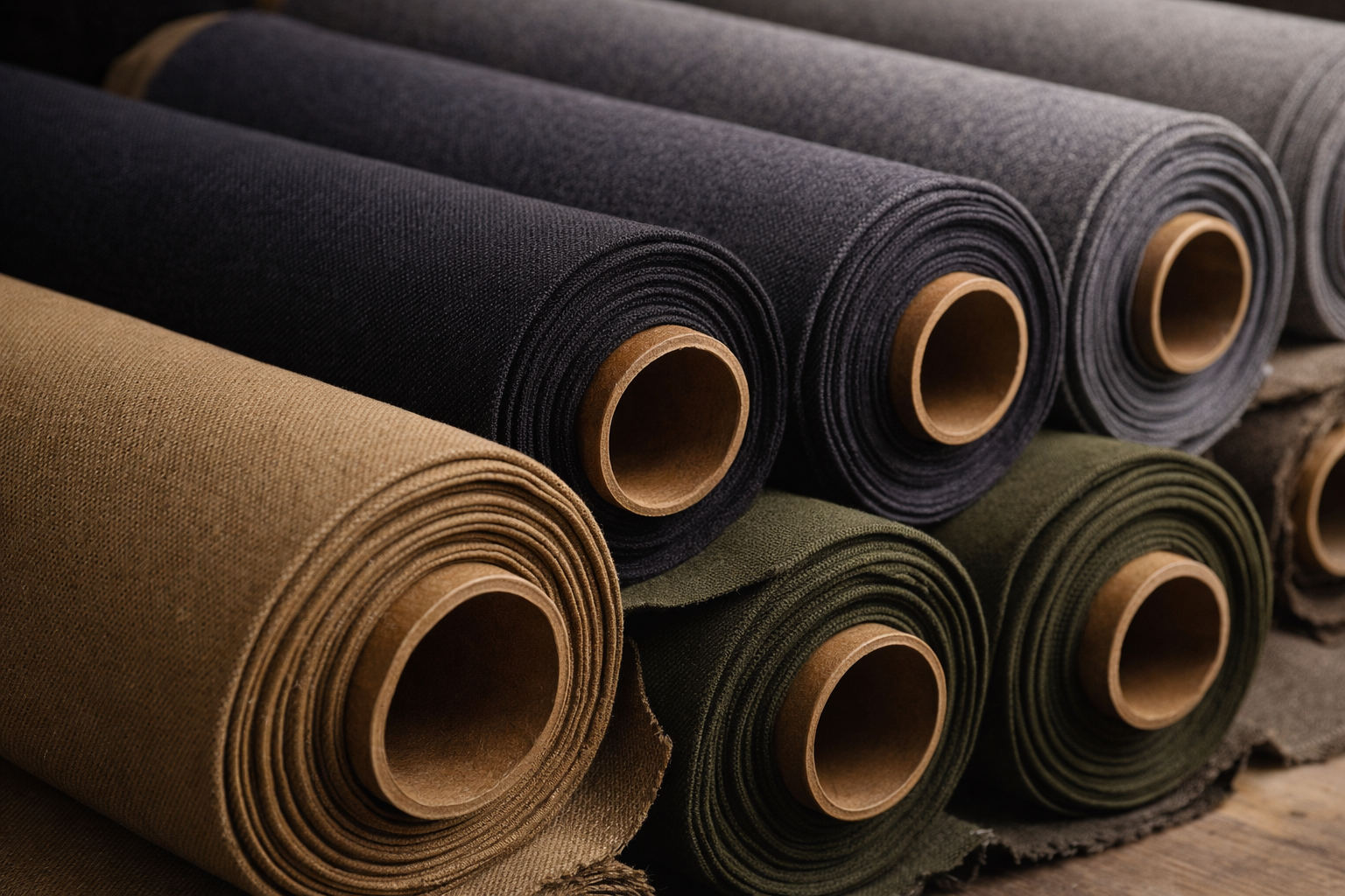100% cotton twill fabric rolls in multiple colors showing premium texture and weave quality
