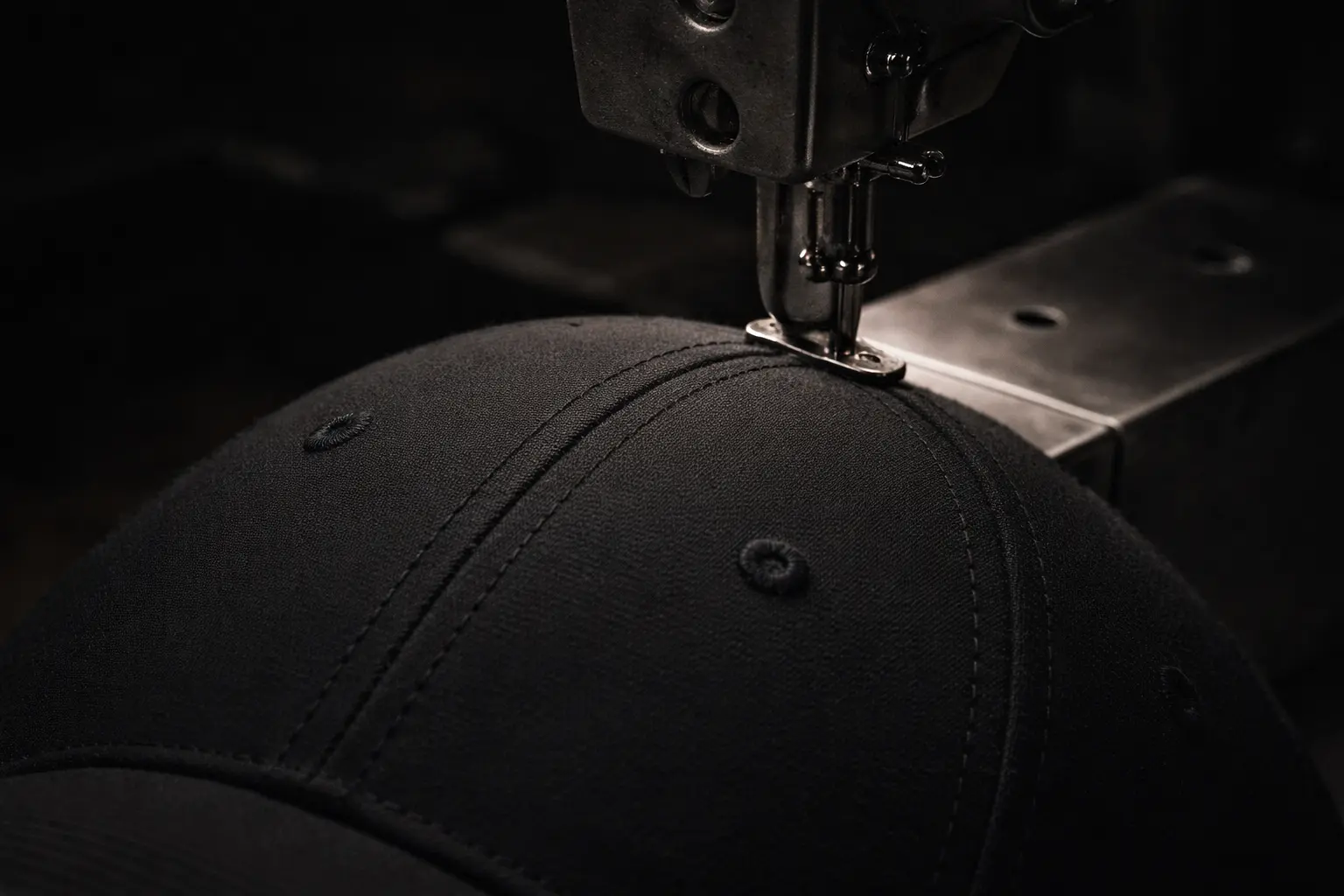 precision stitching of a structured baseball cap showing clean seams and controlled manufacturing process